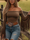 Vintage Western Tassel Off-Shoulder Blouse for Women - Stretchy Polyester, Long Sleeve, Rustic Brown, Country Style, Machine Washable