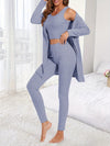 New Women's Fashion Suit Round Neck Short Vest Top Knitted Ribbed Slimming Trousers Round Neck Long Sleeve Solid Color Knitted Mid-Long Cloak Cardigan Casual Home Three-Piece Set Versatile Outerwear Fashion Three-Piece Set