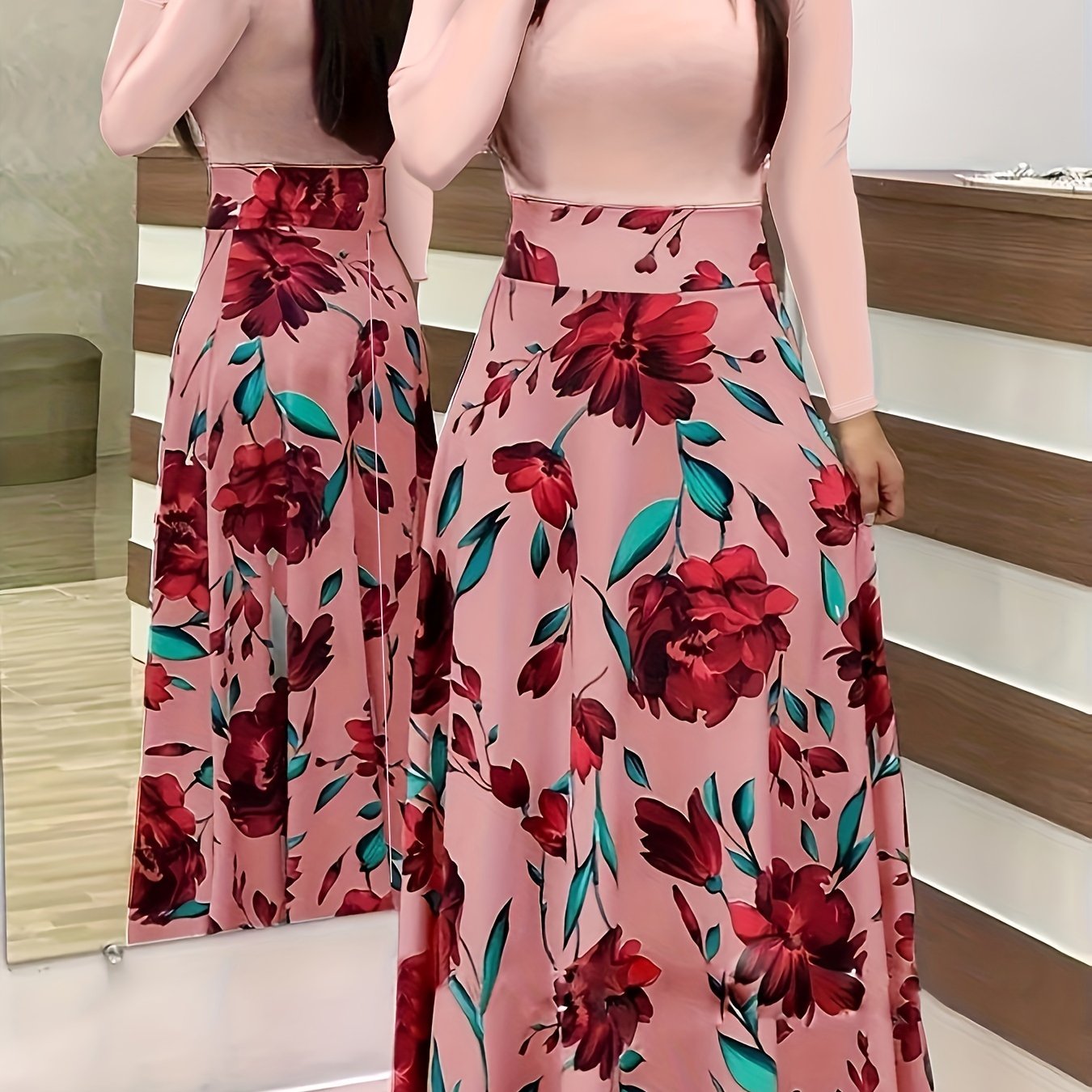 Stunning Floral Print Maxi Dress - Women's Elegant Long Sleeve Crew Neck Splicing Dress for Spring & Fall - Perfect for Various Occasions