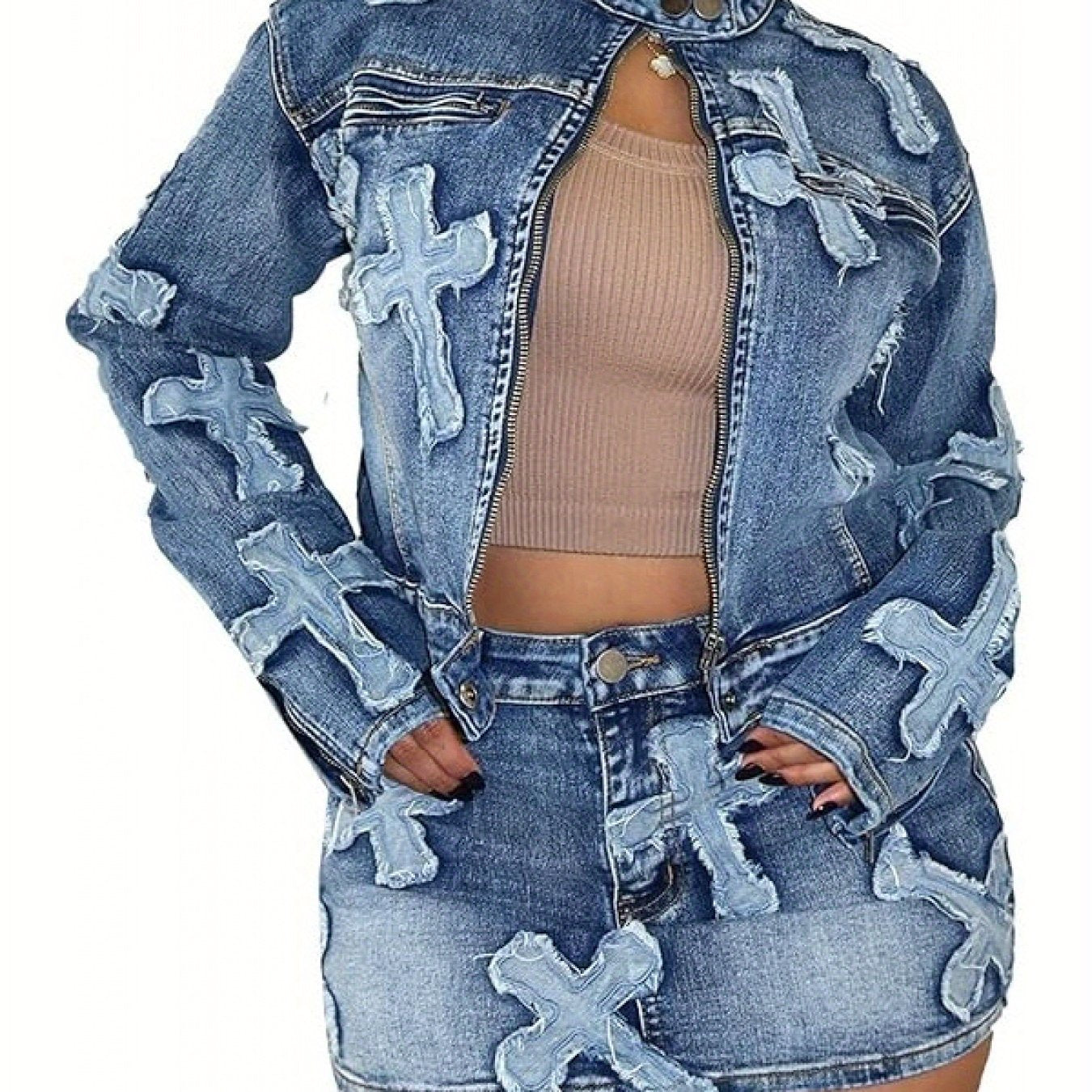 Denim Skirt Set 2pcs Denim Skirt Set for Women Y2K Long Sleeve Zipper Jean Jacket Top Mini Skirt Bodycon Set Two Piece Outfits Long Sleeve Zip Up Jacket Top And Matching Mini Skirt with Pockets