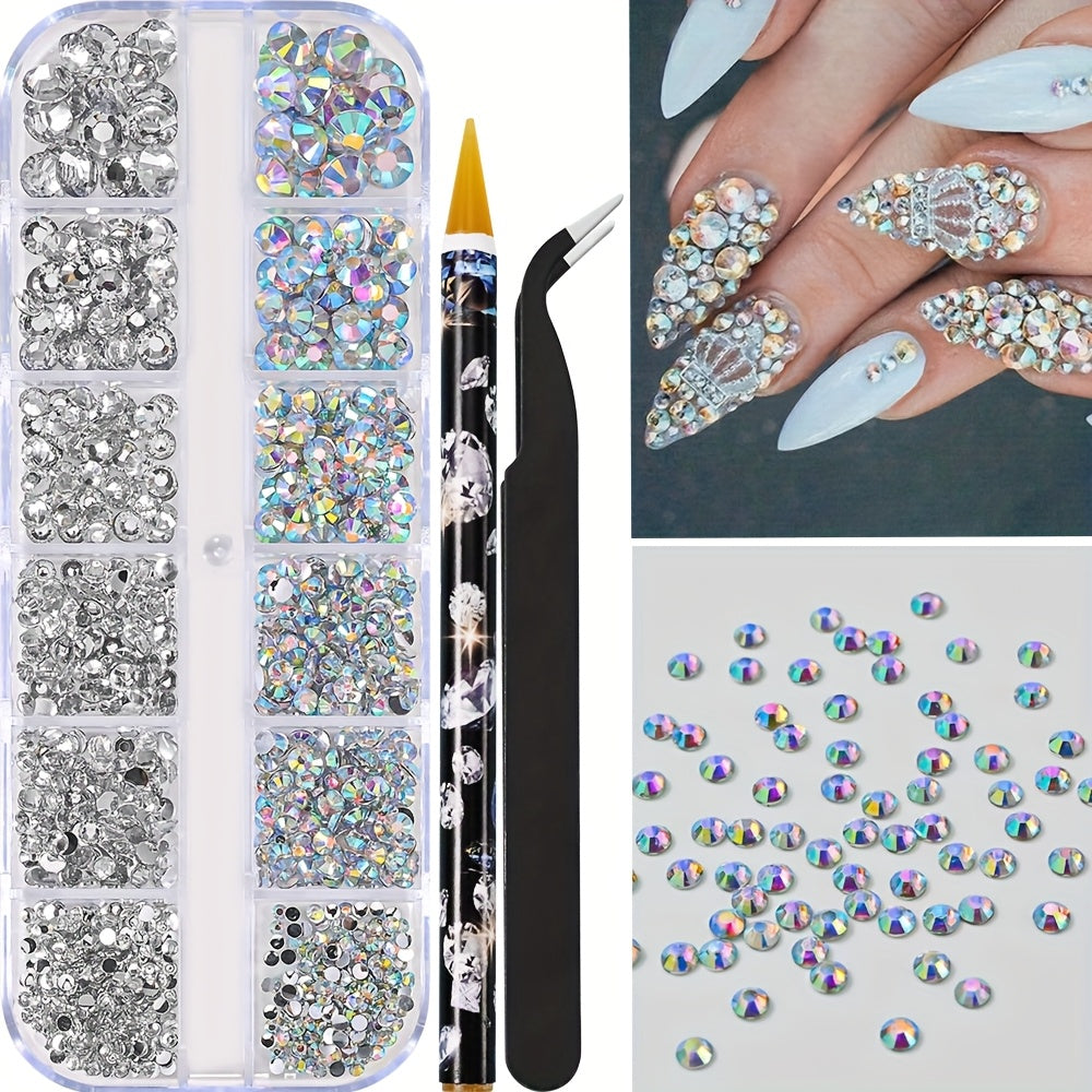 Multi-Size Flatback AB Nail Art Rhinestones Kit – Crystal Pearls & Gemstones for DIY Nails, Shoes, Clothes, Makeup & Bags – Includes Tweezer & Pen (SS4–SS16)