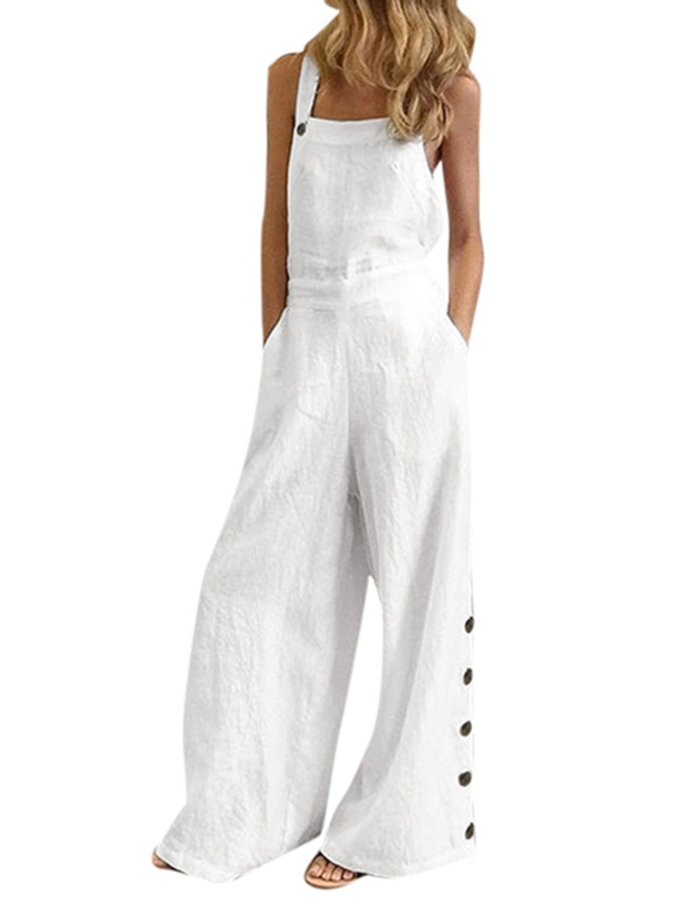 Women'S Elegant Wide Leg Jumpsuit - Solid Color Square Neck Sleeveless Pants with Pockets, Casual Summer Overalls for Adults, Light Gray, Casual Summer Wear | Casual Jumpsuit | Fabric Jumpsui