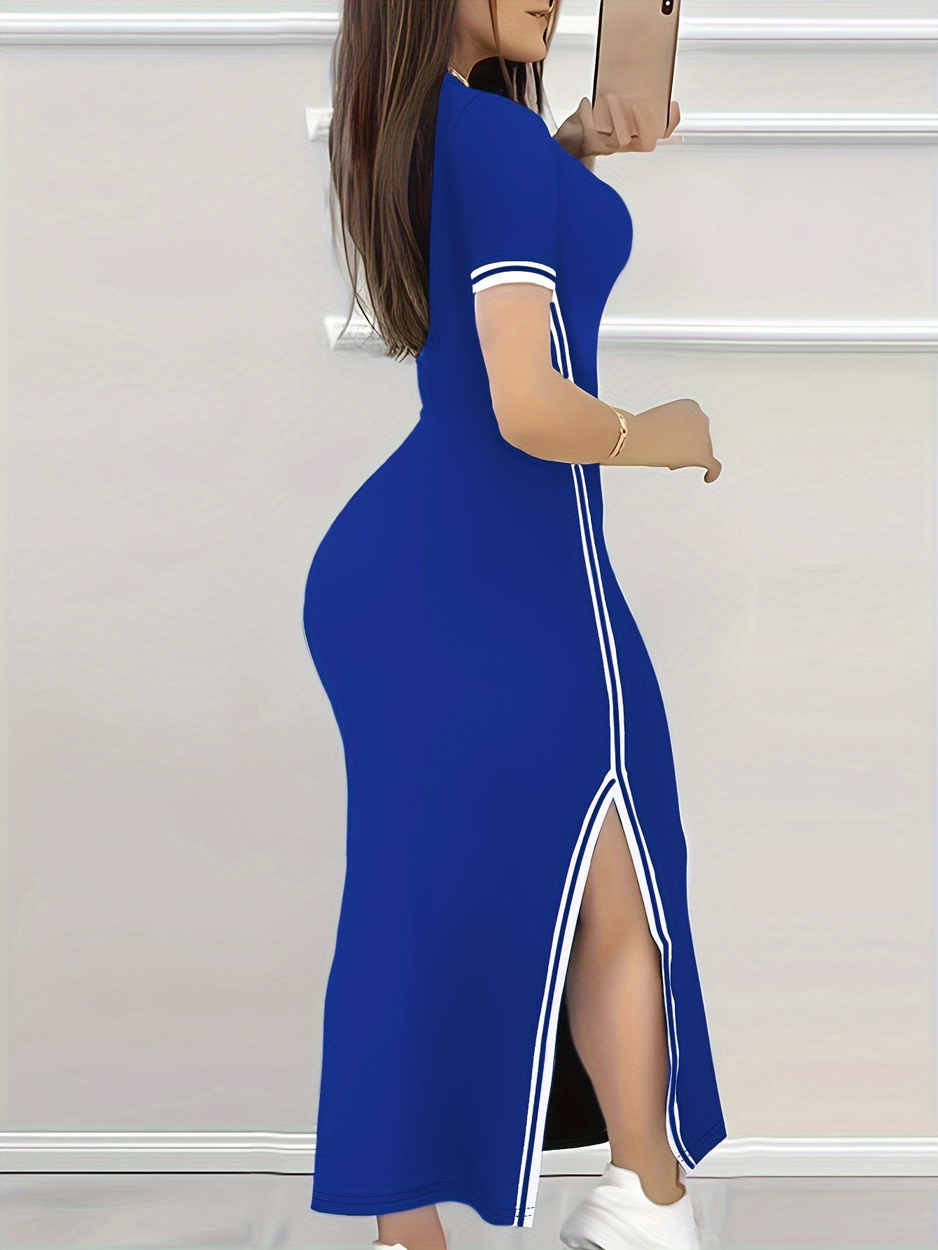 Women's Contrast Trim Split Hem Bodycon Dress - Elegant Crew Neck Short Sleeve Dress For Spring & Summer - For Women - Perfect for Parties & Casual Occasions - Stylish Gift for Fashionable Ladies
