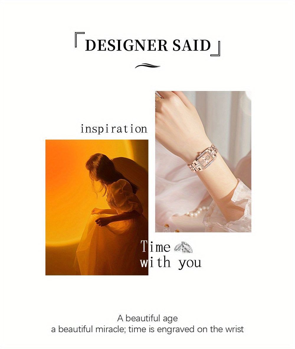 Stainless Steel Women's Luxury Watch, Elegant Rectangle Pointer Analog Quartz Rhinestone WR Wrist Watch