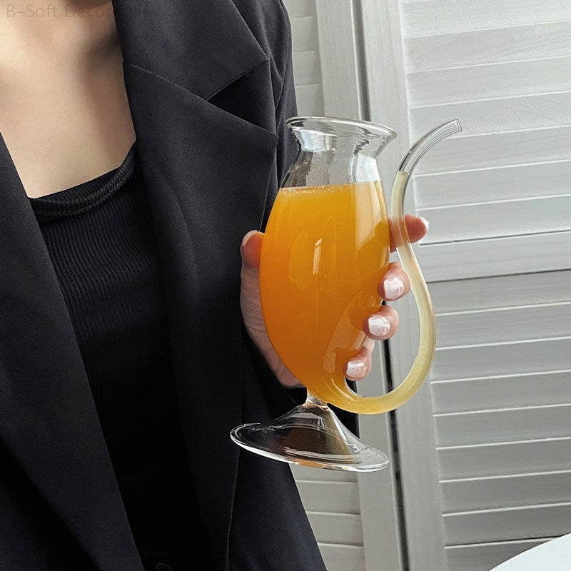 1pc COFIT Creative Roostertail Glass Cup with Straw – Transparent Whisky, Coffee, Milk Tea, and Juice Mug –, BPA-Free Drinkware for Home, Cafes, and Bars – Hand-Blown Clear Glass Cup for Smoothies, Boba, and More, Bever