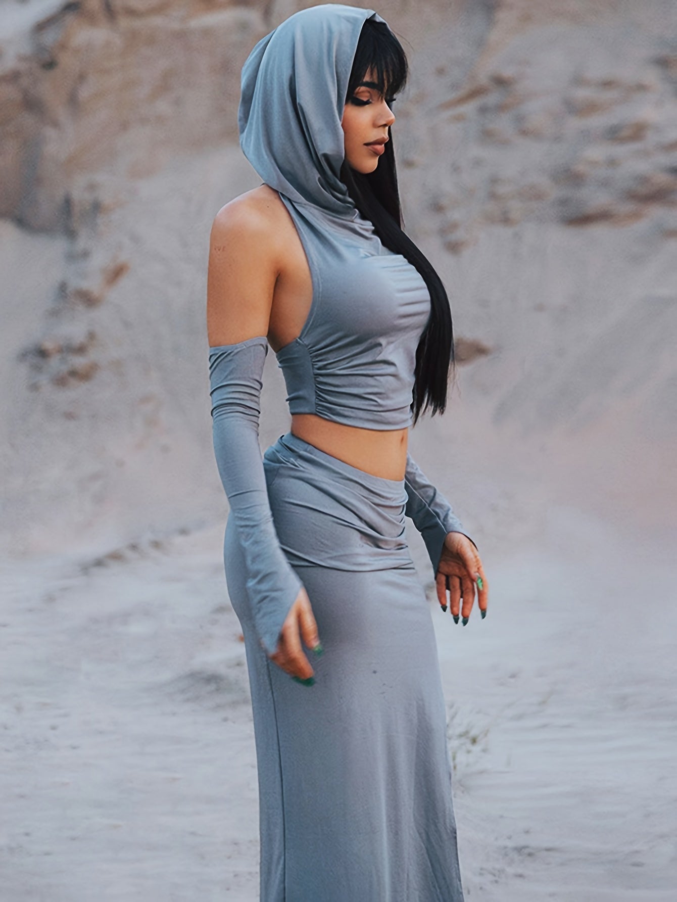 Two-Piece Stylish Solid Slim Set - Crop Backless Hooded Top with Adjustable Straps, Split Hem Skirt Outfit for Women, Chic Casual Wear for Daily Life, Party, or Outdoor Activities