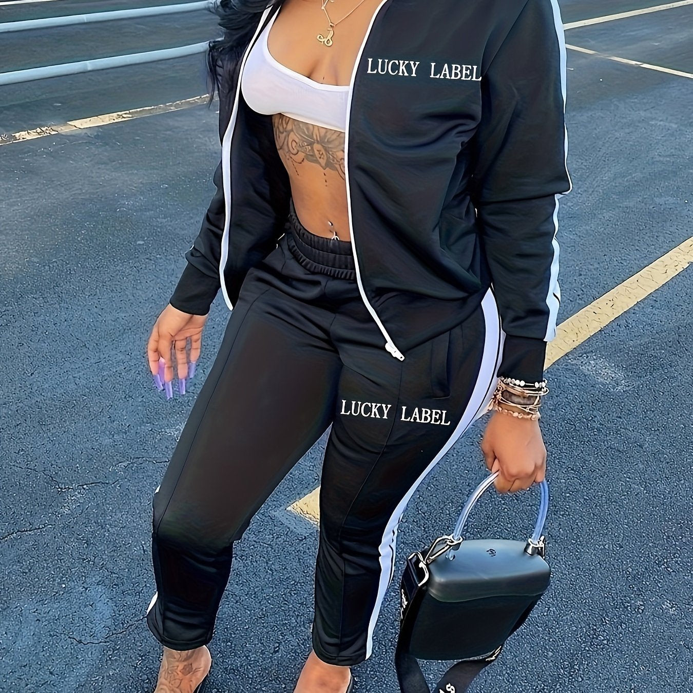 Women's Letter Pattern Striped Two-piece Set, Zip Up Long Sleeve Tops & Elastic Waist Pants Outfits - Casual Style - For Women - Perfect for Daily Wear, Parties & Going Out