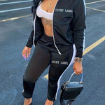 Women's Letter Pattern Striped Two-piece Set, Zip Up Long Sleeve Tops & Elastic Waist Pants Outfits - Casual Style - For Women - Perfect for Daily Wear, Parties & Going Out