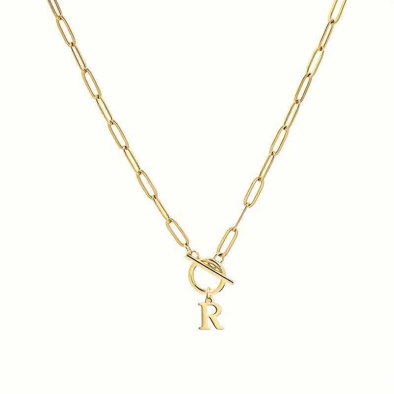 Personalized Initial Letter Necklace – 18K Gold Plated Stainless Steel Capital Letter Pendant with Rectangular Paperclip Chain – Elegant & Cute Gift for Her