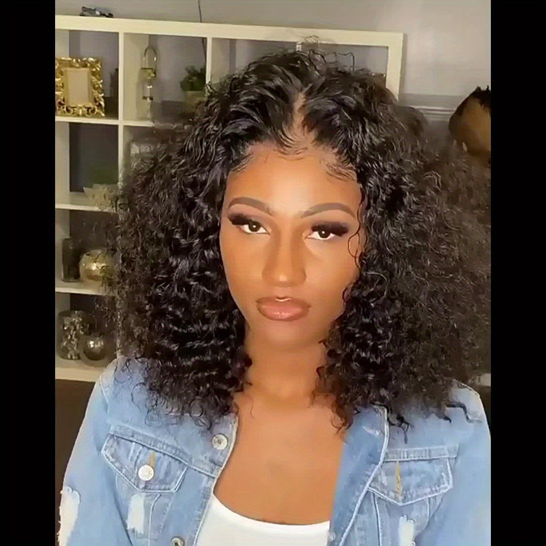 180% Density Water Wave Lace Frontal Short Bob Wig - Lace Wigs for Women with 13x4x1 T Part HD Transparent Lace, Pre Plucked, Natural Color, Middle Part, Water Curly Lace Part