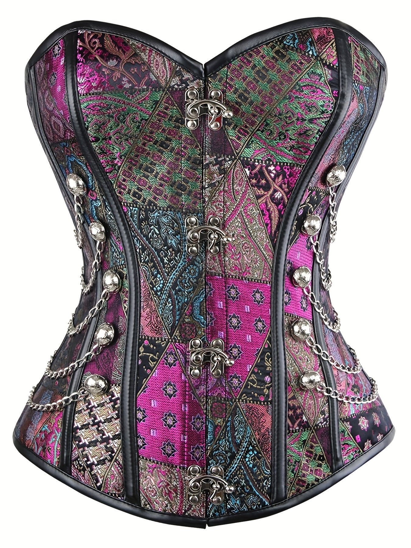 Gothic Vintage Purple Floral Jacquard Corset Top with Golden Metal Chains & Buttons - High Support Non-Transparent Bustier for Adults, Elegant Special Collection, Special Occasion Wear | Jacquard Fabric