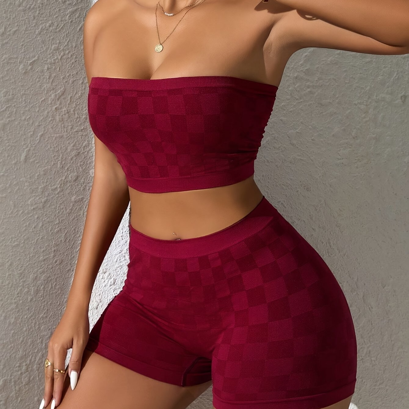 Women's Fashion Plaid Tube Top and Shorts Set, Simple Valentine's Day Gift