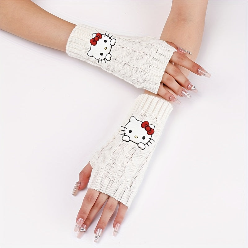 1pc of Sanrio Hello Kitty Cartoon Fashion Pvc Soft Rubber Big Head Decoration Autumn And Winter Leisure Knitting Open Finger Cuff Linen Pattern Short Gloves for Women to Work Cycling Interlocking Warm Wrist Gloves for Women C