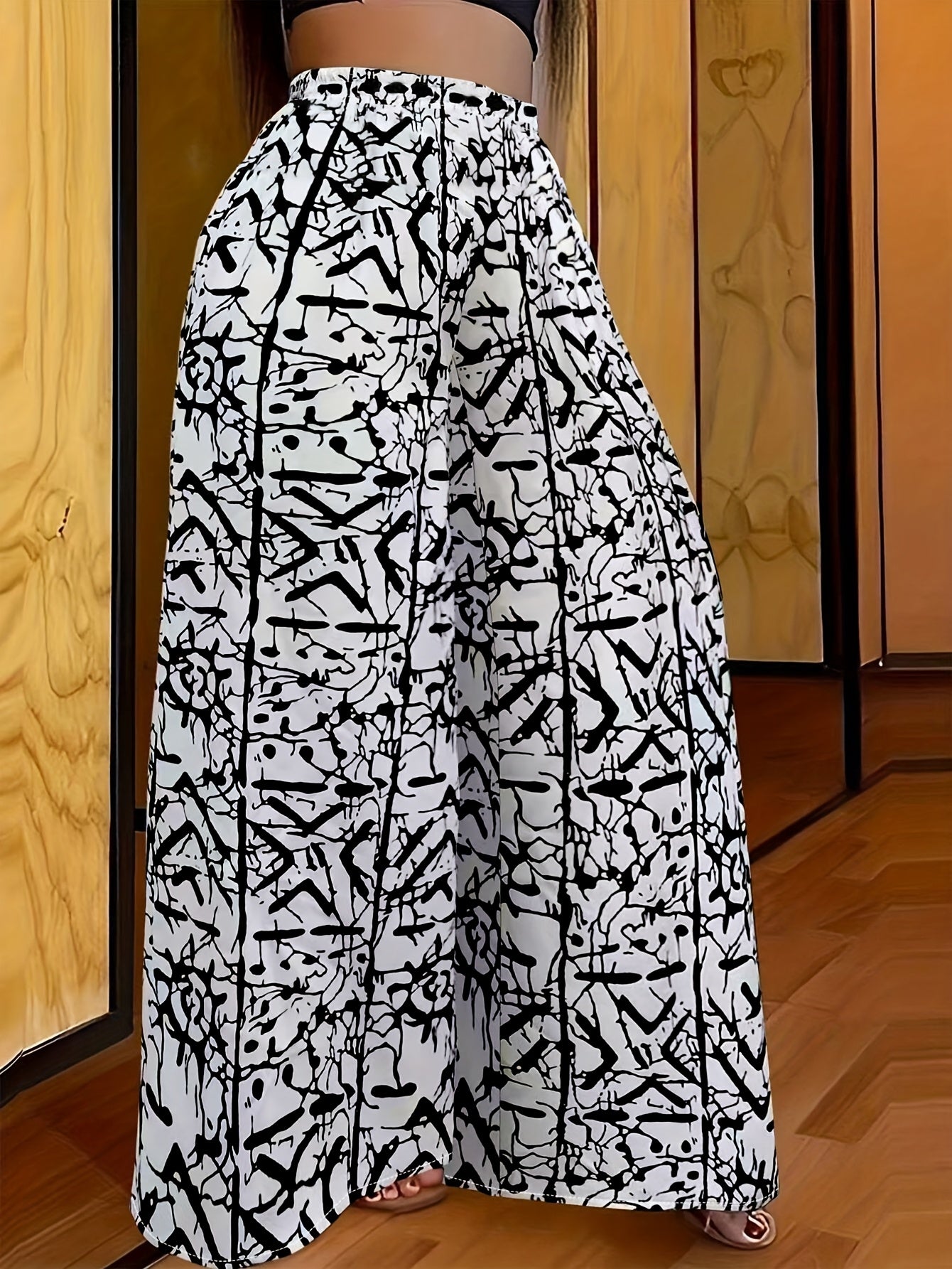 Newspaper Print Wide Leg Pockets Pants, Casual & Versatile High Waist Pants For Spring & Summer, Women's Clothing