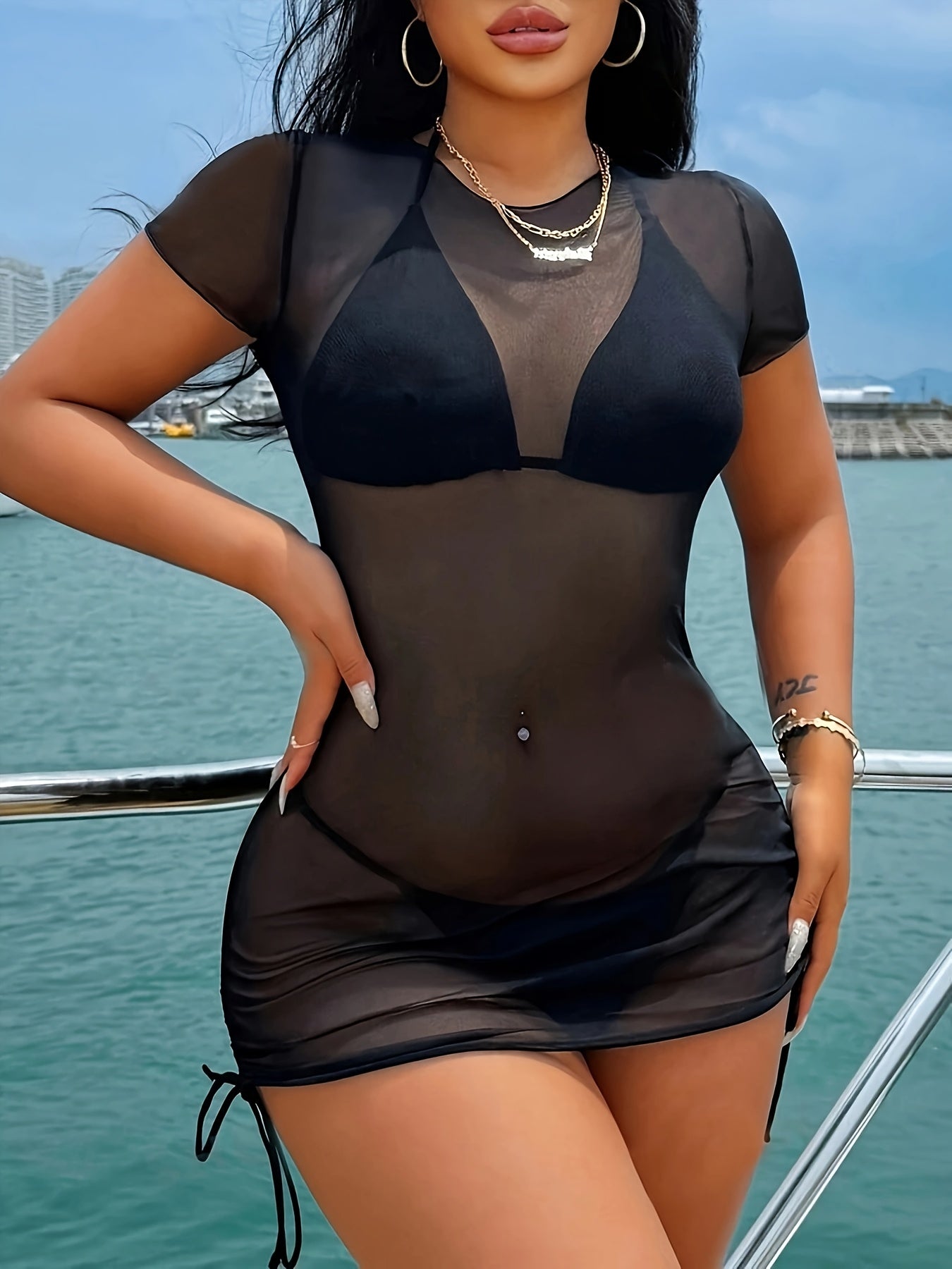 Women'S Sexy Sheer Mesh Bikini Set, 3pcs Swimsuit with Short Sleeves, Solid Color, Knit Fabric, Polyester 90%, Elastane 10%, Medium Stretch, 125/220 g/m², Contrast Mesh Detail