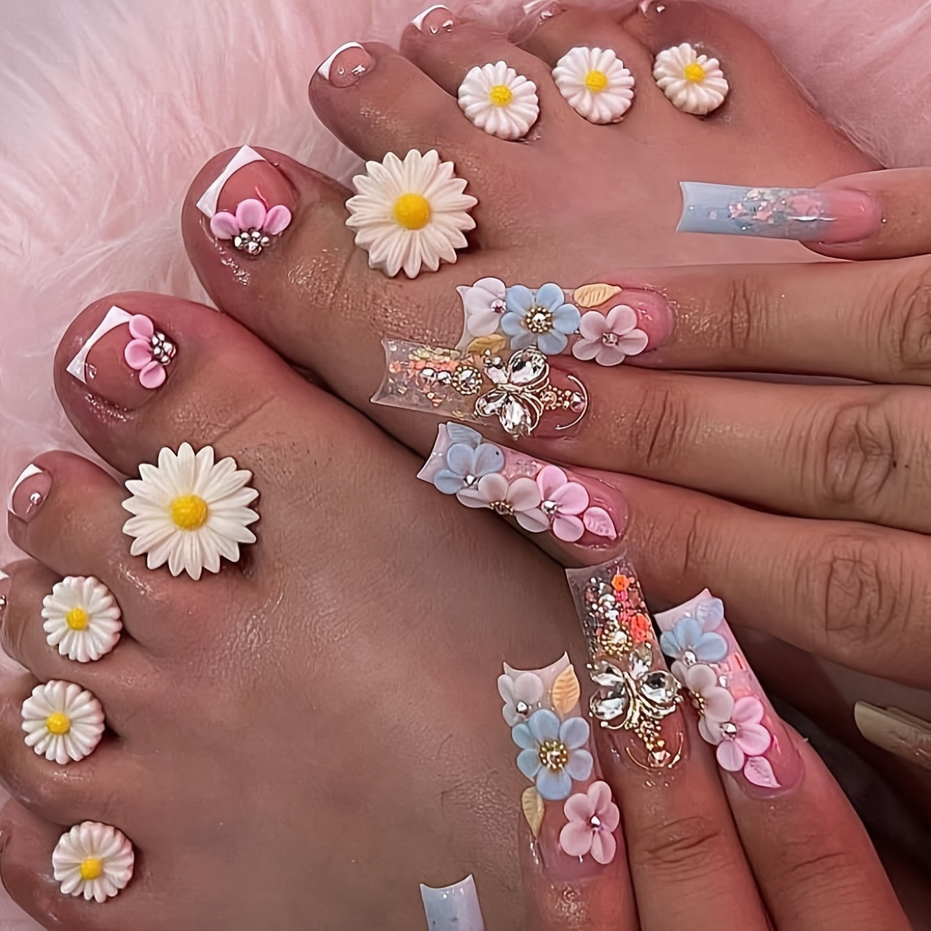48pcs Luxe Press-On Nail & Toenail Set with 3D Floral, Butterfly & Rhinestone Accents - Includes Jelly Glue & Nail File for Easy Application - Perfect for Women and Girls