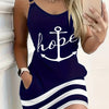Chic European & American Style Women's Sleeveless Dress with Pockets - Casual Navy Blue Anchor Print, Ring Detail, Polyester & Spandex Blend, Machine Washable for Spring/Summer/Fall