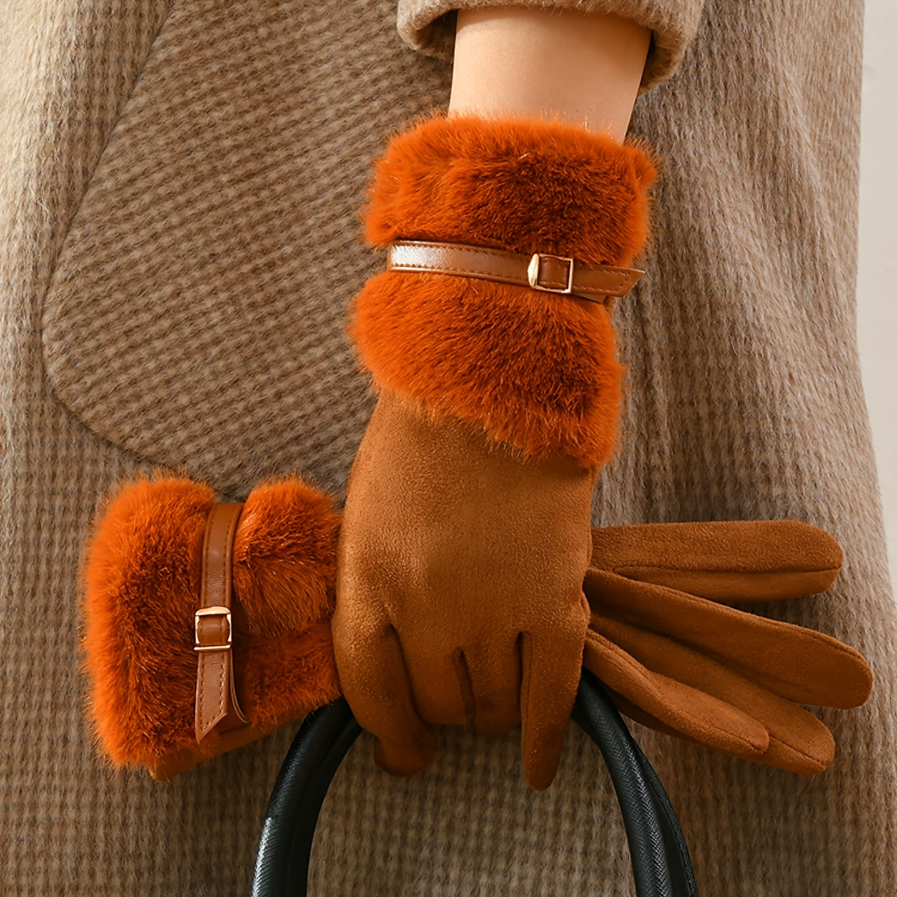 Women'S Fashion Faux Fur-Lined Full Finger Mittens, Polyester Knit Fabric, with Hand Wash Only, for Fall/Winter Outdoor Warm Accessories