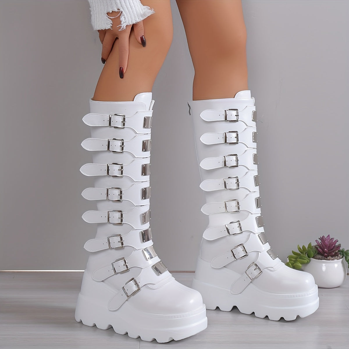 Womens Stylish Wedge Heel Boots with Fashion Buckle Straps - Platform Design, Back Zipper Closure - Perfect for Carnaval & Music Festivals - Trendy and Comfortable