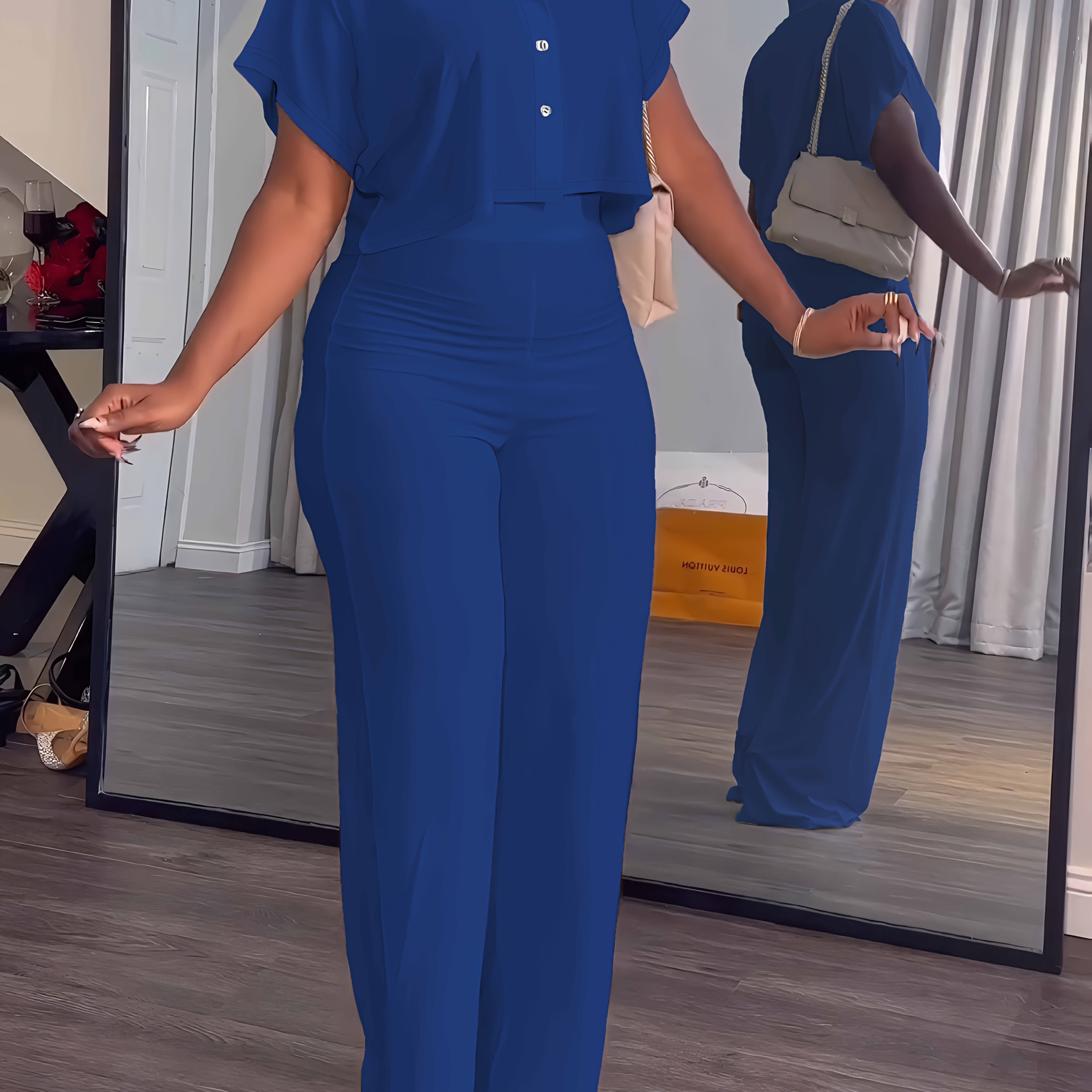Women's Summer 2pcs Outfits Casual Tracksuit Short Sleeve Button Crop Top Wide Leg Long Pant Lounge Sets