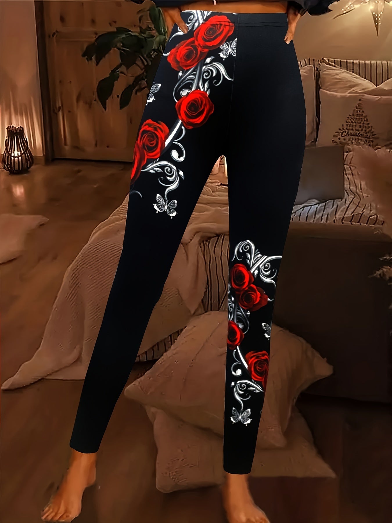 Floral Elegance & Comfort: Durable, Mid-Elastic Jegging-Leggings for Year-Round Style, Easy-Care Knit Fabric