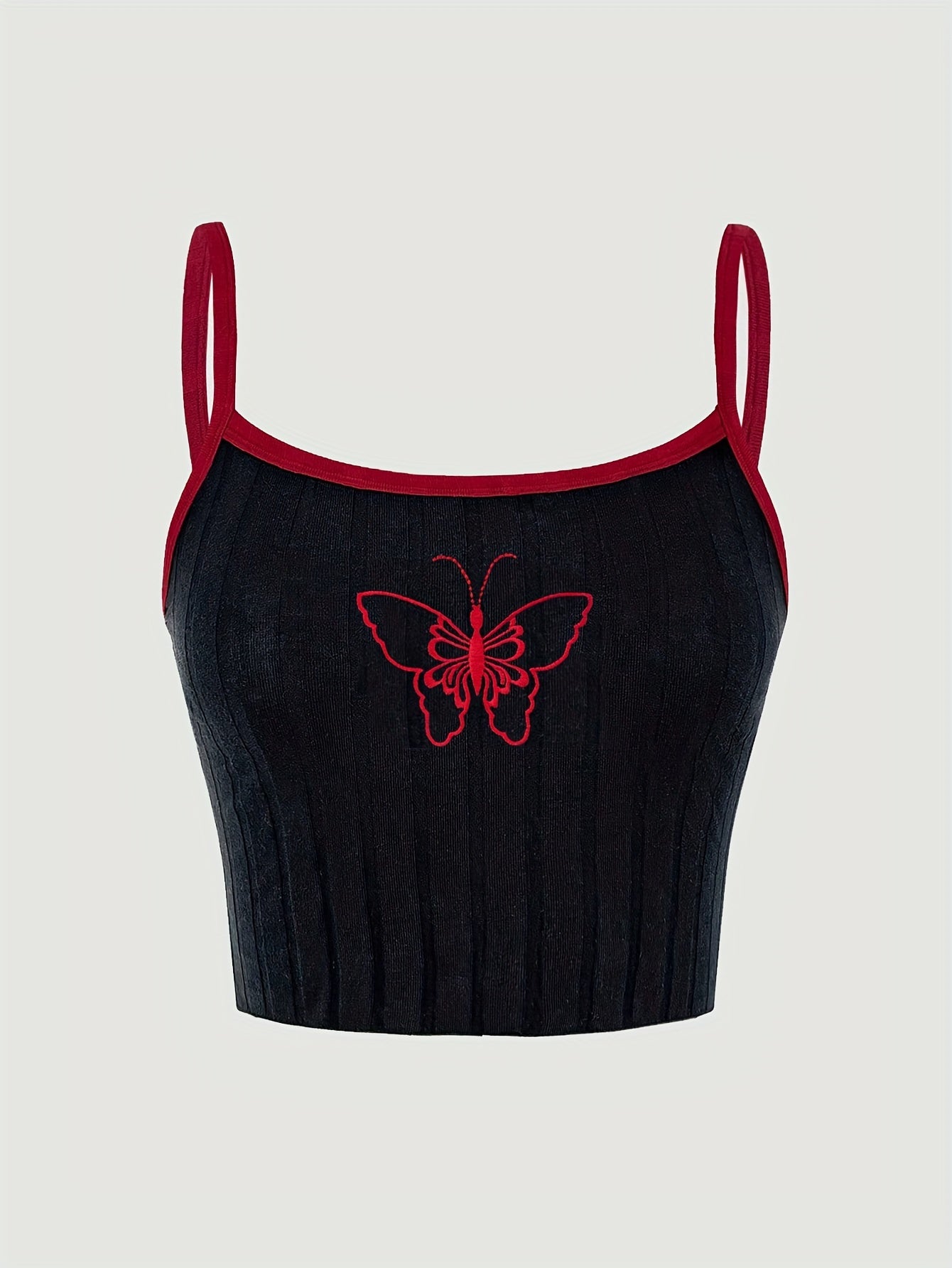 Girls' Butterfly Embroidered Ribbed Cami Top - Stretchy Cotton Blend, Machine Washable - Perfect for Spring/Summer