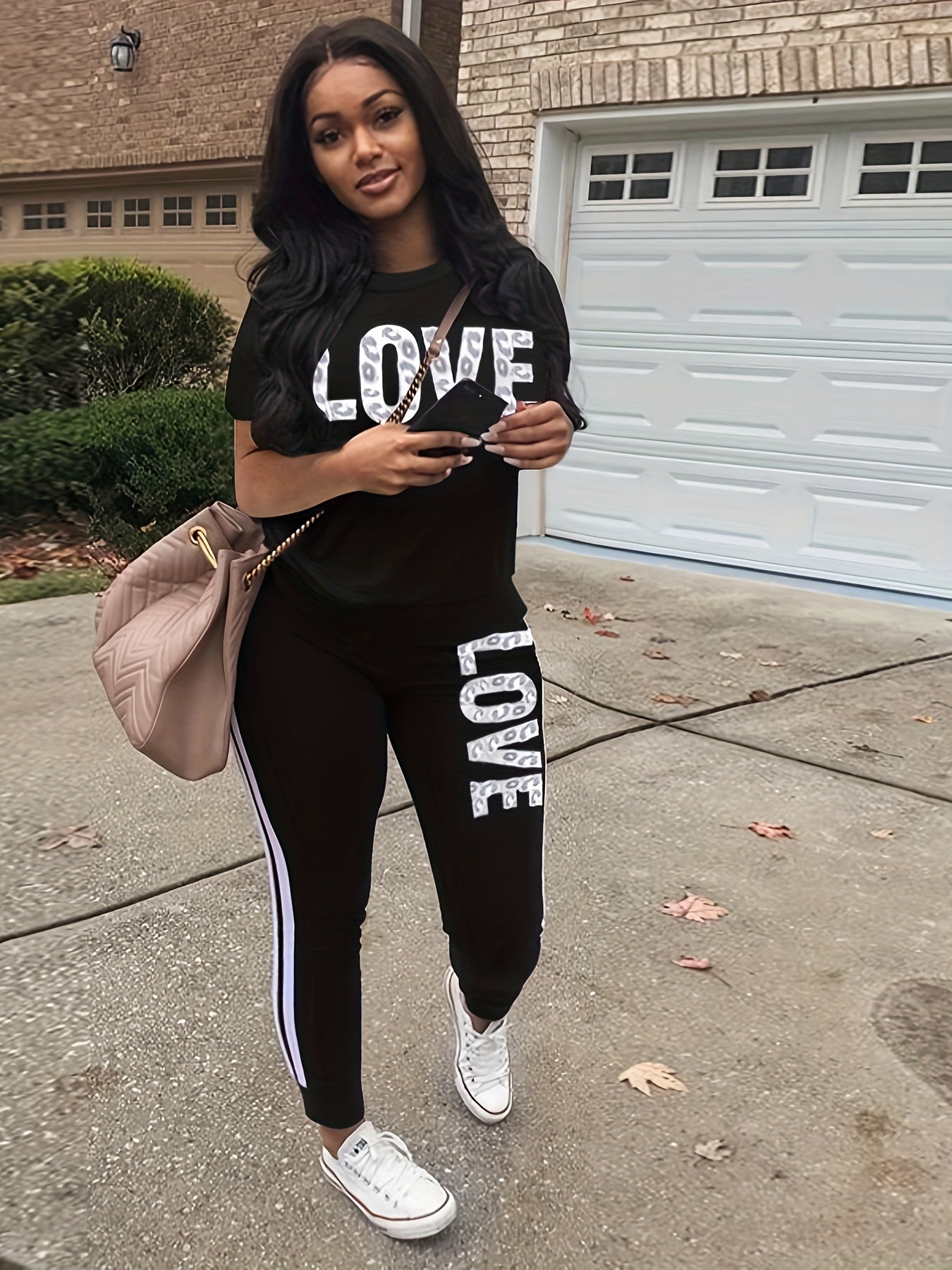 Women's Casual Polyester Knit Sweatpants Set with Round Neck and Alphabet Letter Print, Spring/Summer Collection - Love Letter Design - For Women - Made of Polyester - Perfect for Casual Wear & Loungewear - Ideal Gift for Fas