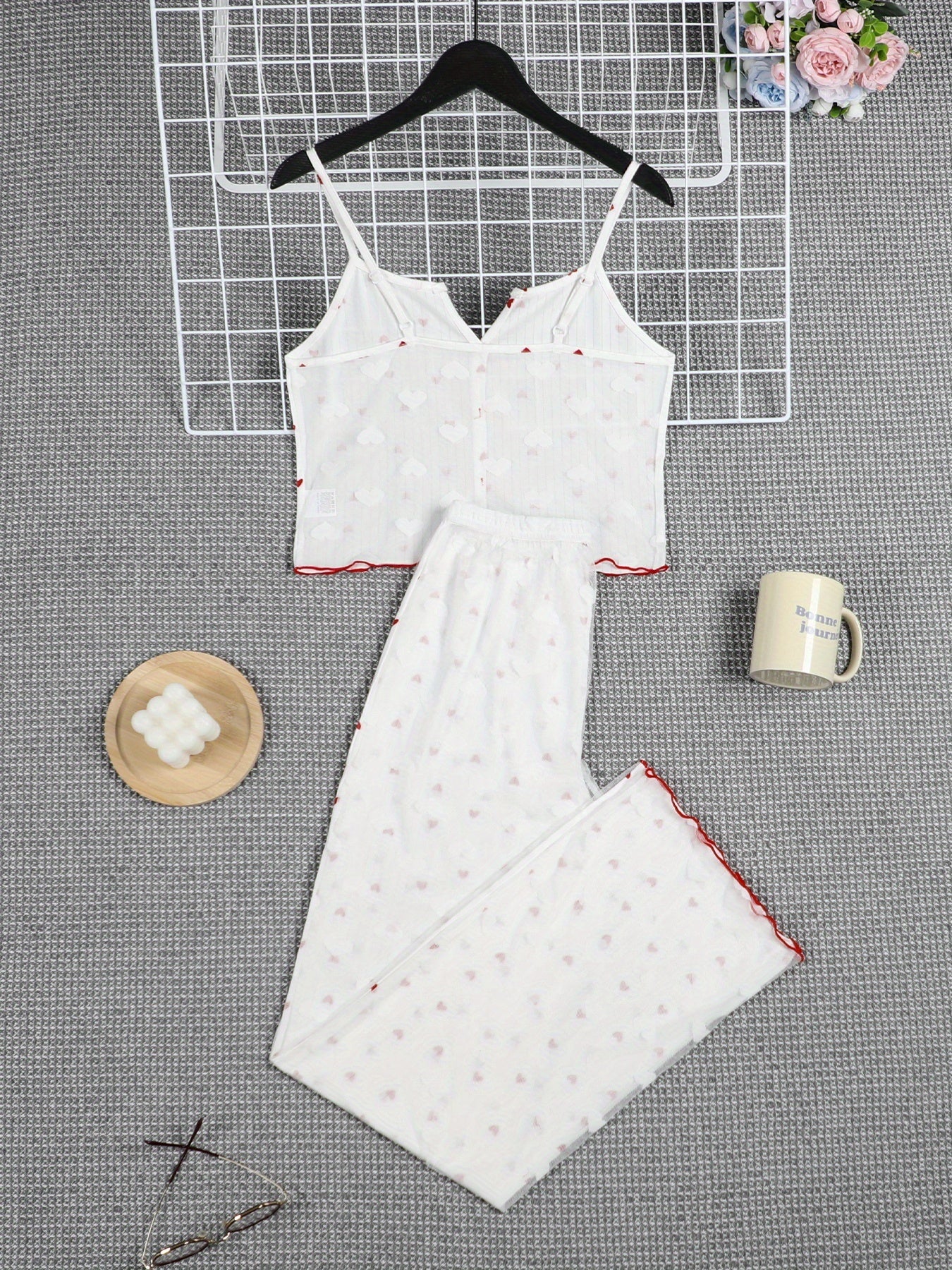 Women'S Pajama Set with Sexy Bow, Backless Love Letter Print & Elegant Long Pants, Comfortable Homewear for Spring/Summer/Fall - Polyester, No Collar, No Belt