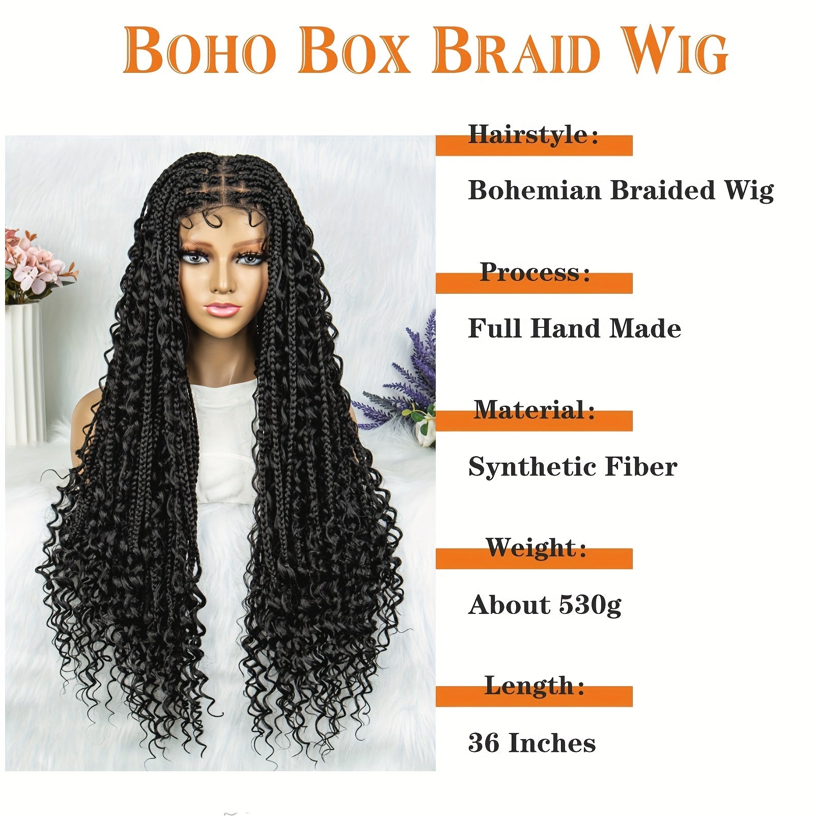 Boho Knotless Braided Wigs for & Men - Double Full Lace Synthetic Hair with Hair, 200% Density Curly Wave, Heat Resistant & Breathable, Unisex Bohemian Box Braids for Everyday & Special Occasions