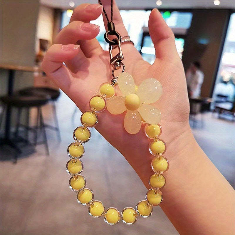 Handmade Flower Macaron Colorful Beaded Wrist Strap Mobile Phone Lanyard