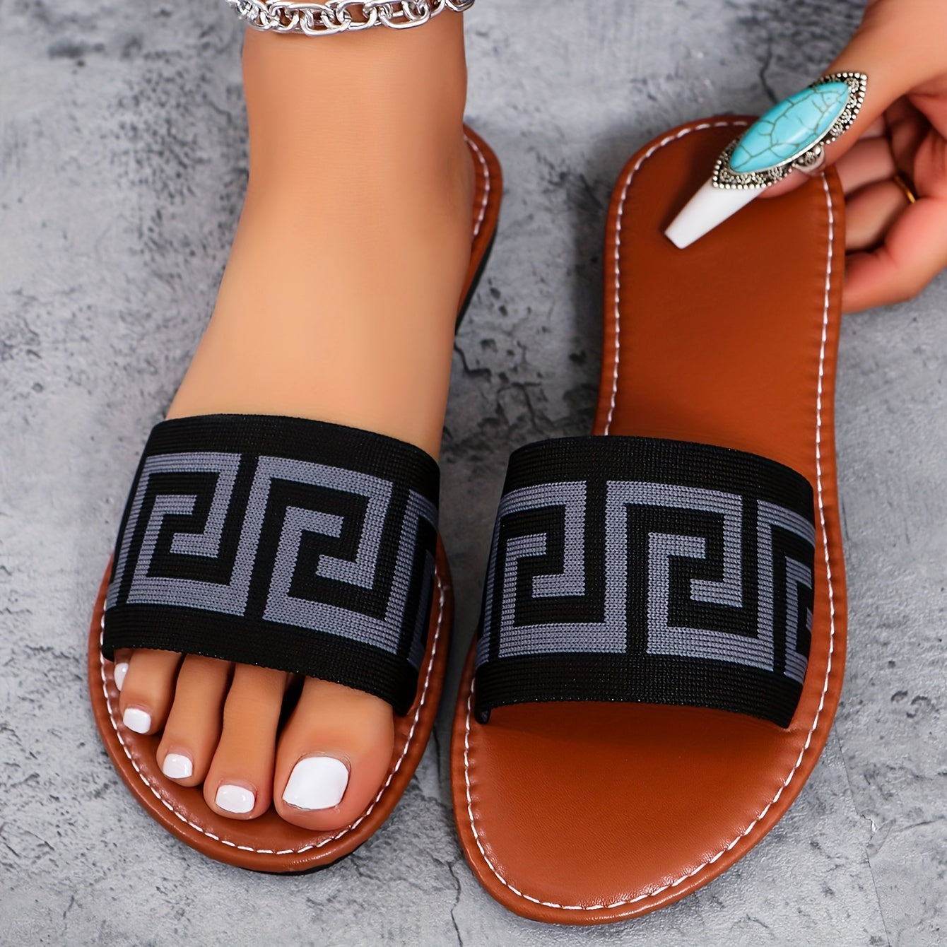 Women's Slip-On Open-Toe Sandals with Black & White Striped Pattern - Breathable Fabric Upper, Soft Synthetic Cover Insole & Non-Slip Rubber Sole - Casual Summer Beach Shoes for Women, Ladies Sandals