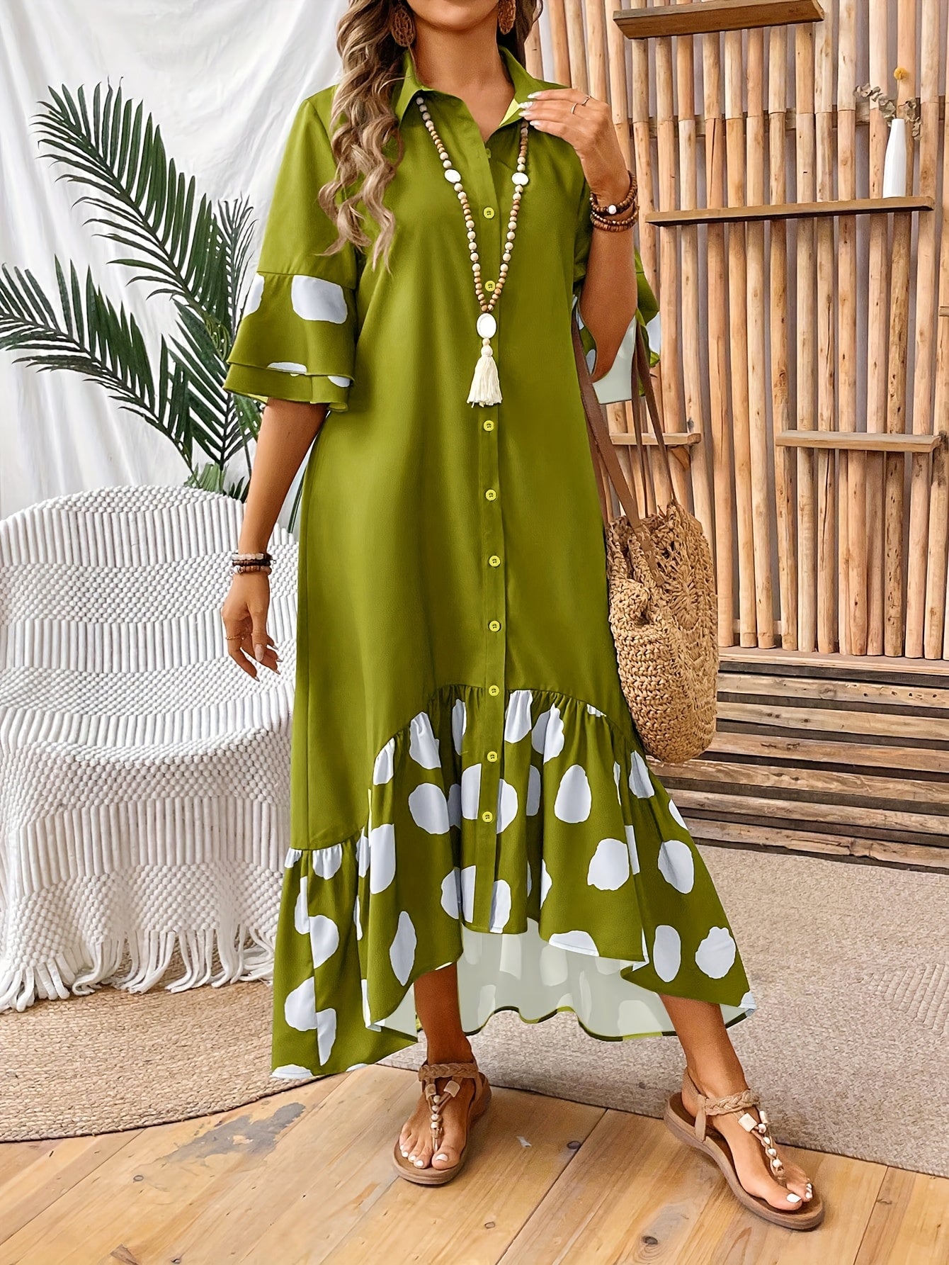 Elegant Women'S Long Sleeveless Dress with Front Button Detail and Polka Dot Print - Semi-Sheer A-Line Midi Skirt Dress for Spring/Fall, Cute Dress