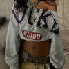 Trendy American Street Style Off-the-Shoulder Crop Top with Bold Letter Print - Long Sleeve, Light Grey, Machine Washable, Perfect for Spring, Summer, and Fall, Casual Streetwear | Crop Top Style | Soft Fabric Top