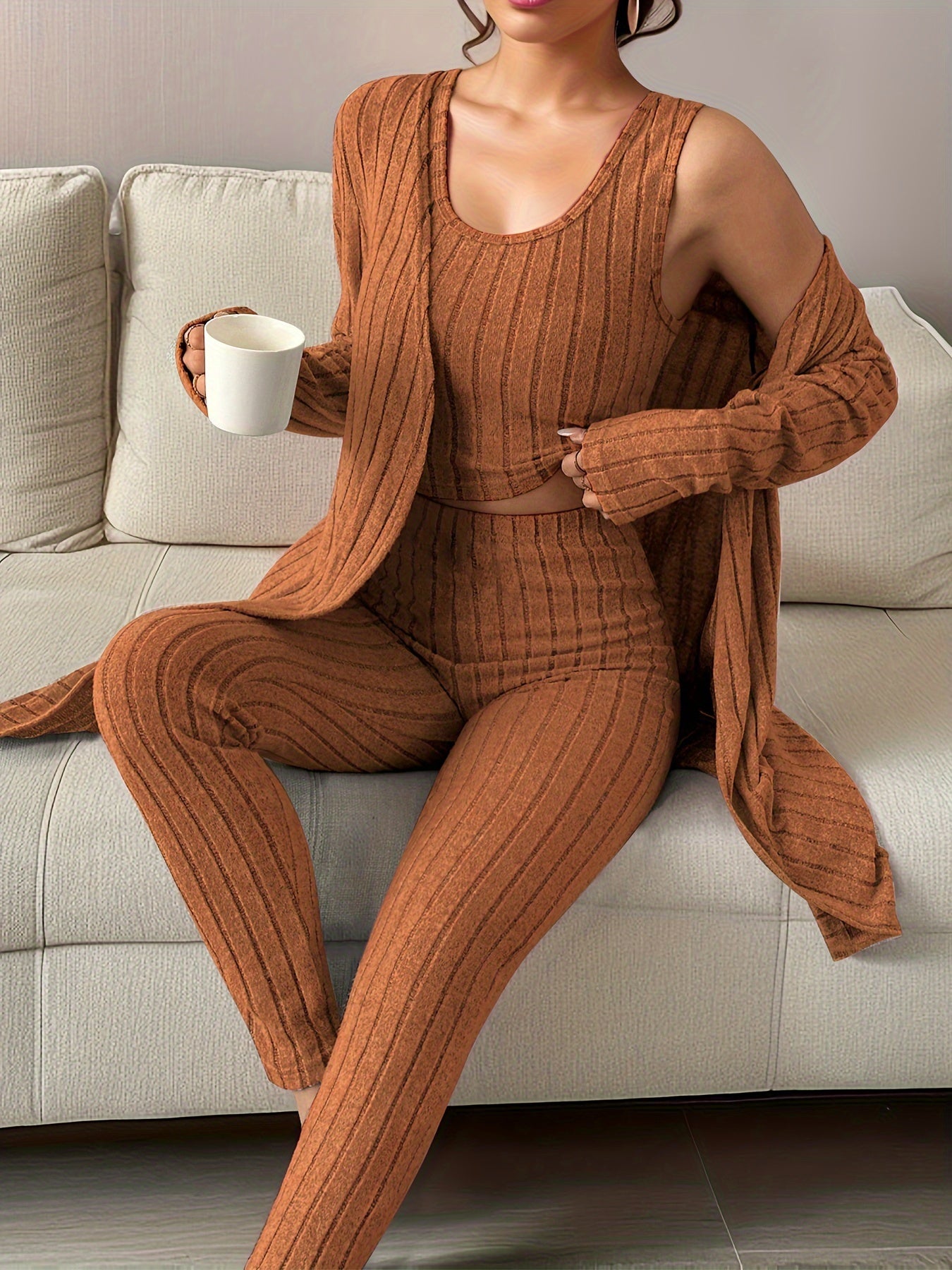 New Women's Fashion Suit Round Neck Short Vest Top Knitted Ribbed Slimming Trousers Round Neck Long Sleeve Solid Color Knitted Mid-Long Cloak Cardigan Casual Home Three-Piece Set Versatile Outerwear Fashion Three-Piece Set