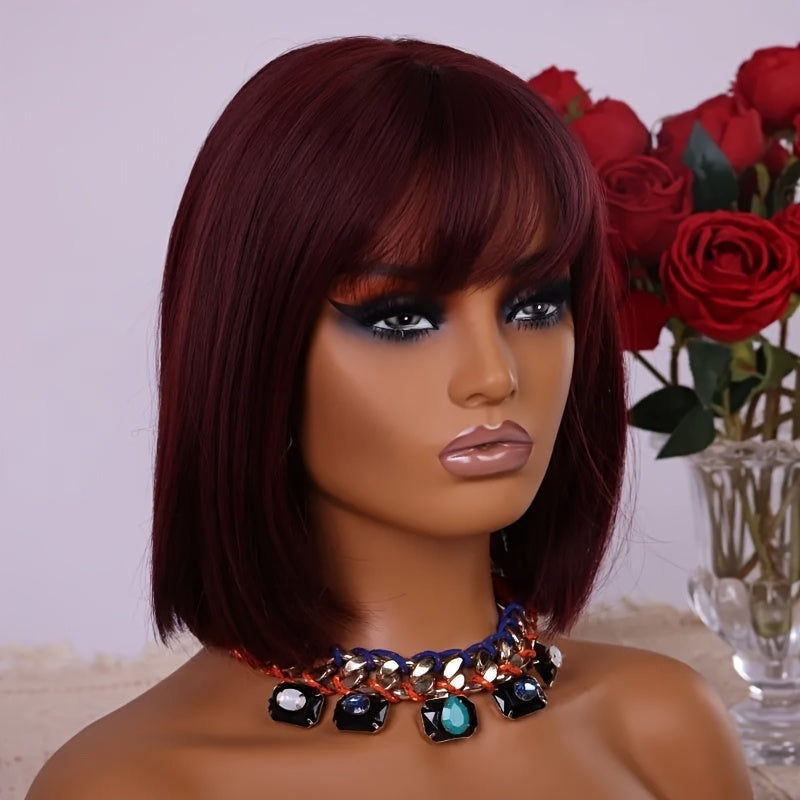 Burgundy Brazilian Virgin Human Hair Wig - 99J Short Straight Bob with Bangs, Glueless Comfort Fit, 180% Density Rose Net Cap, Natural Black Real Human Hair for Women, All Ethnicities, Perfect Gift, Short Hair Wigs, Stylish H