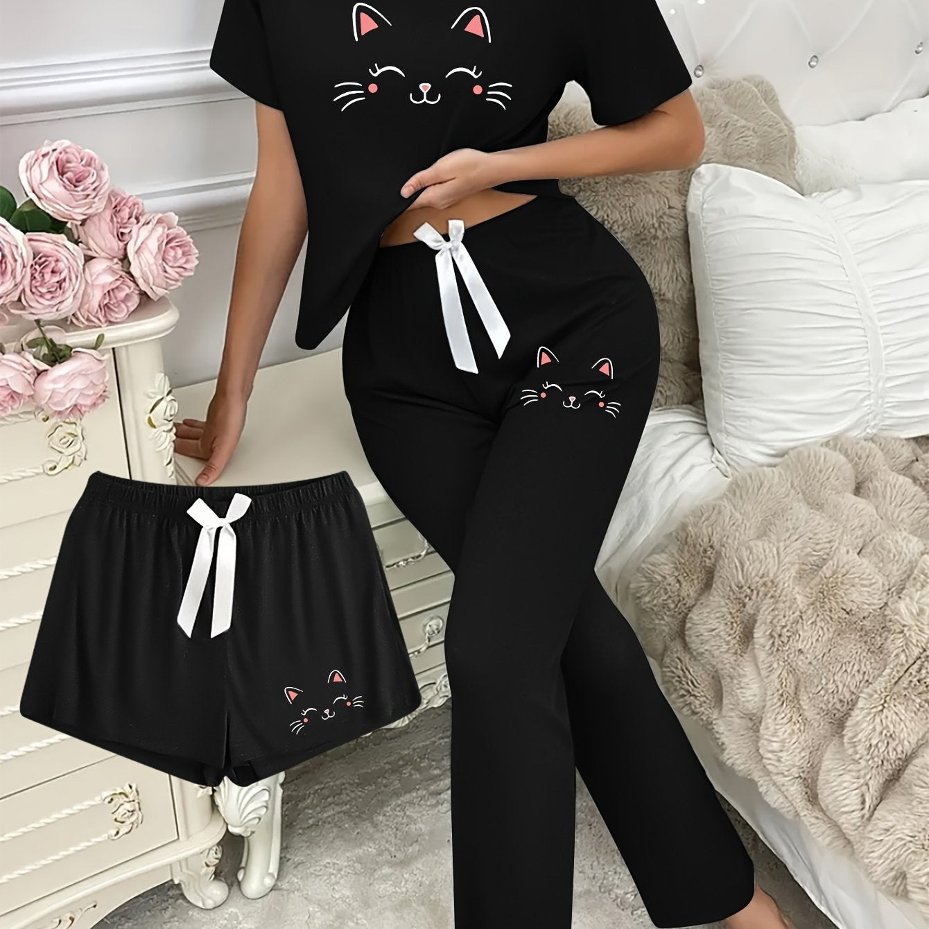 3pcs Cartoon joyful Cat Print Pajama Set for Women, Short Sleeve Top and Long Pants Shorts, Casual Comfortable Home Wear