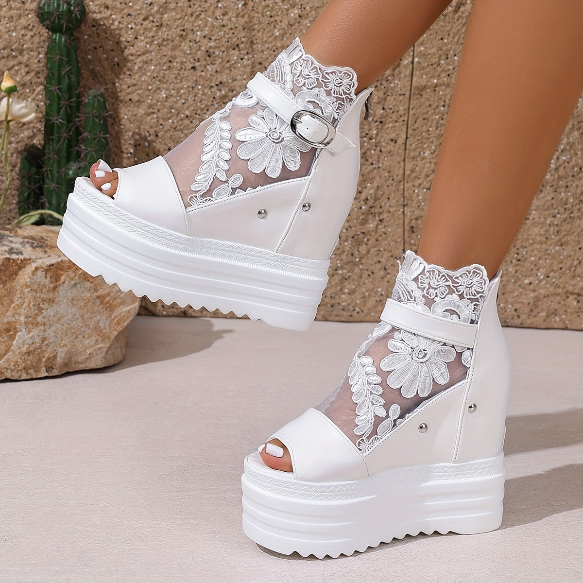 Chic Summer 2024 Women's Platform Wedge Sandals with Peep Toe Design - Breathable Mesh, Lace-Up Back Zipper, Faux Cover & Fabric Upper, Comfortable Thick Sole Heels for Outdoor Wear