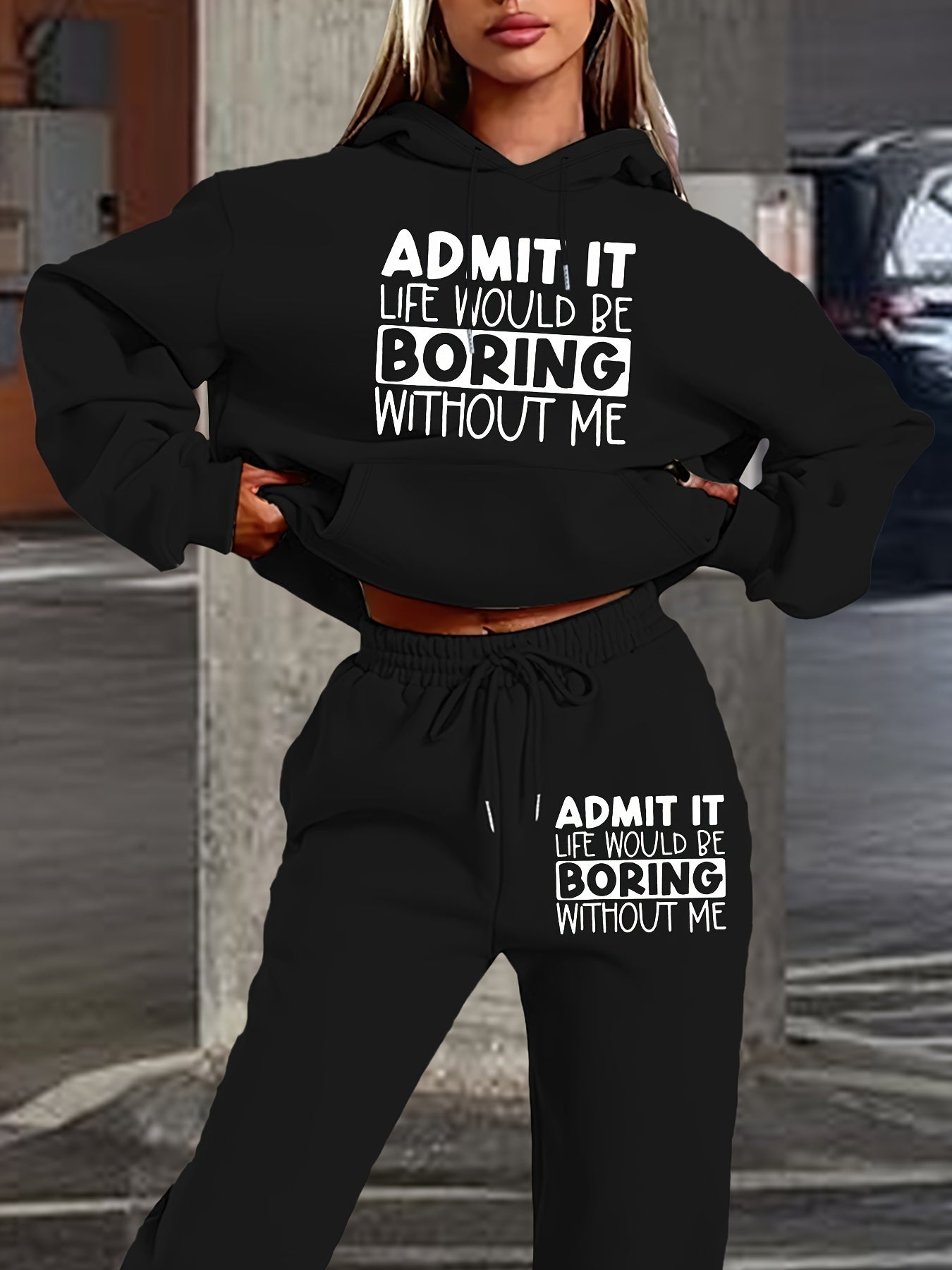Women's Casual Hoodie & Jogger Set - Letter Print, Long Sleeve with Pockets, Polyester Blend, Machine Washable - Perfect for Fall/Winter