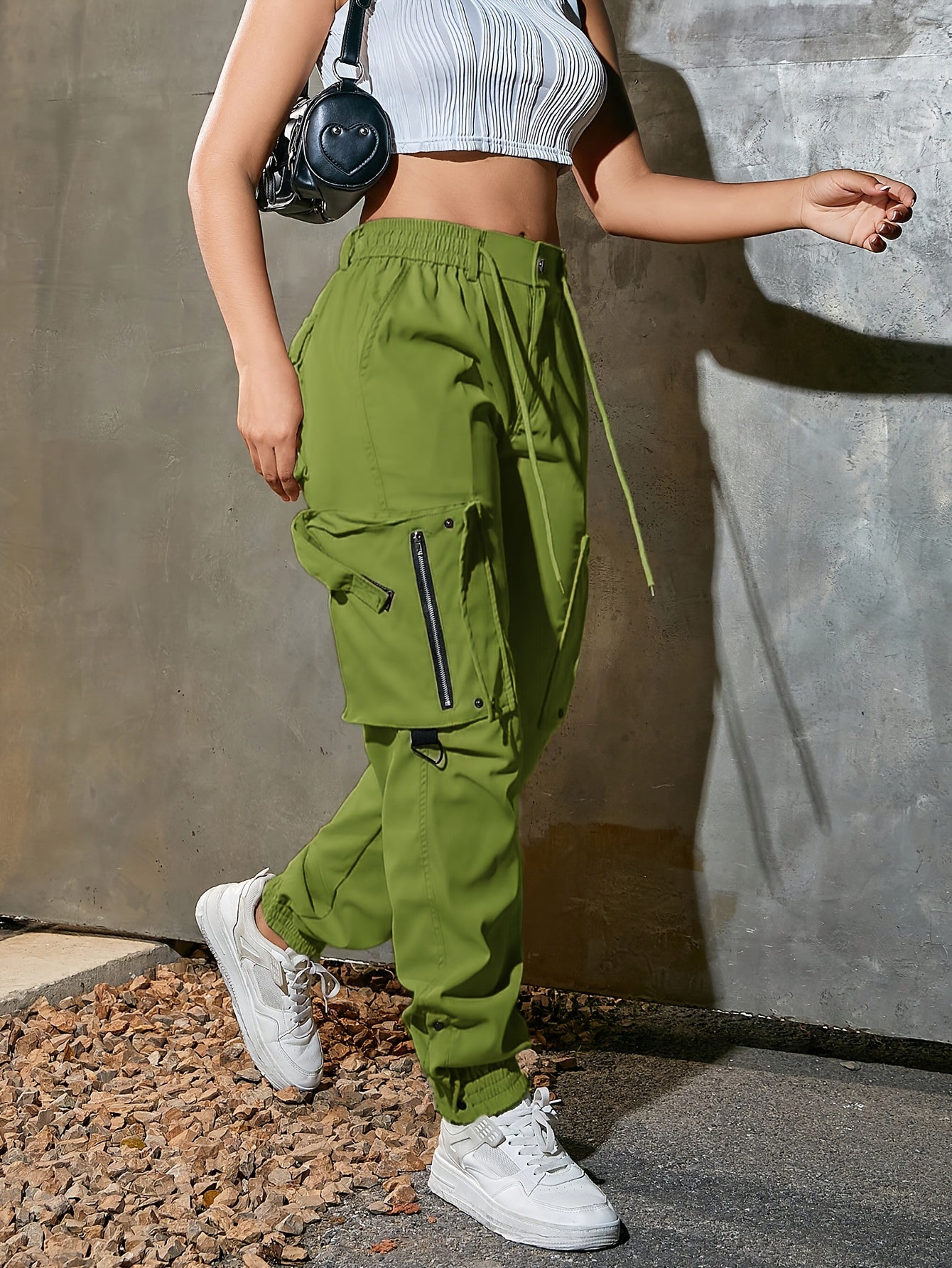 1pc Women'S Casual Cargo Pants, Polyester, Solid Color, All-Season Tapered Leg Workwear, 140g/m² Woven Fabric with 3D Pockets