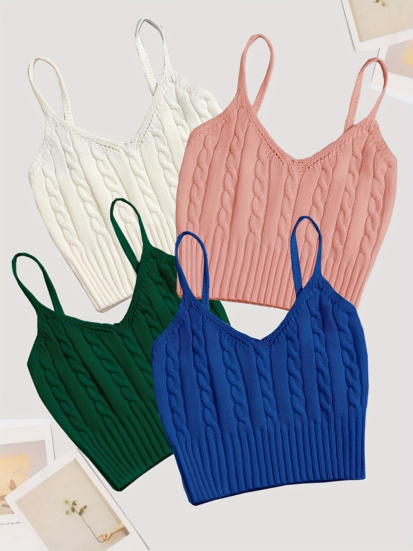 Valentine's Day 4 Packs Cable Knit Cami Tops, Versatile Crop V Neck Summer Sleeveless Cami Tops, Women's Clothing