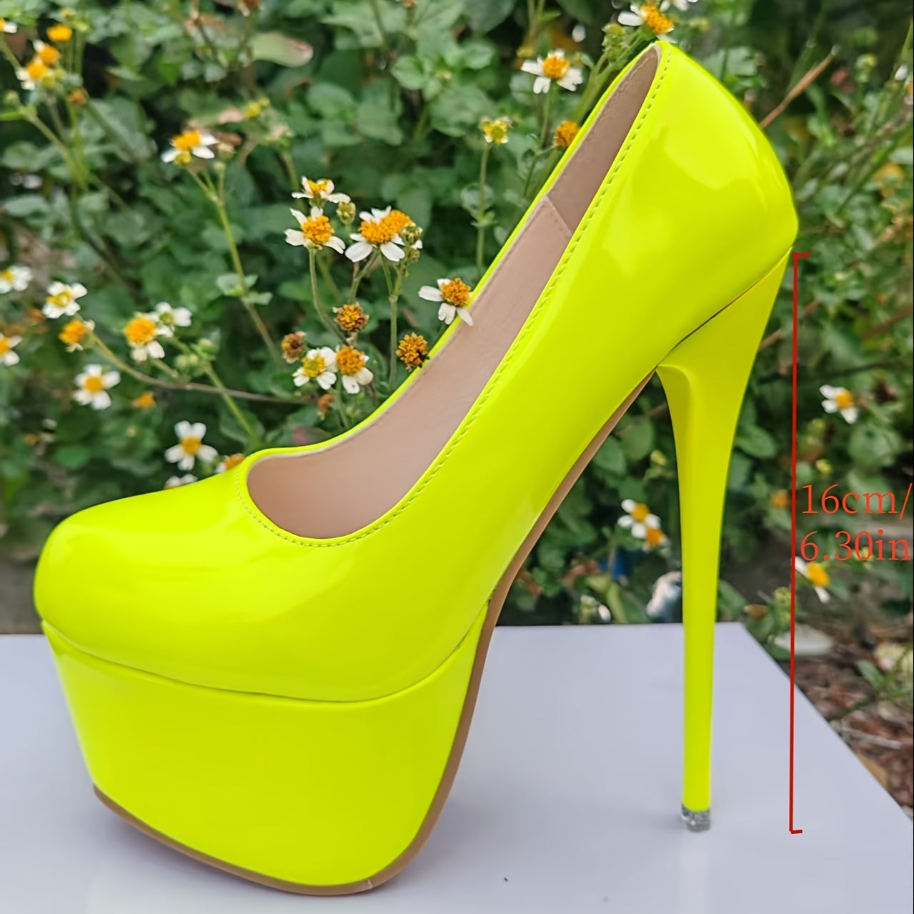 Women's Neon Yellow Ultra-High Platform Stiletto Heels - Glossy Synthetic Cover Round-Toe Party Shoes for Nightclub, Evening Events & All-Season Wear, Shoes Heels