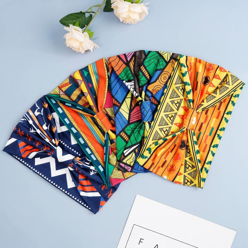 4pcs Polyester Wide Headbands for Women, Bohemian Sports, African Knot Design, Non-Slip Yoga Headband for Normal Hair