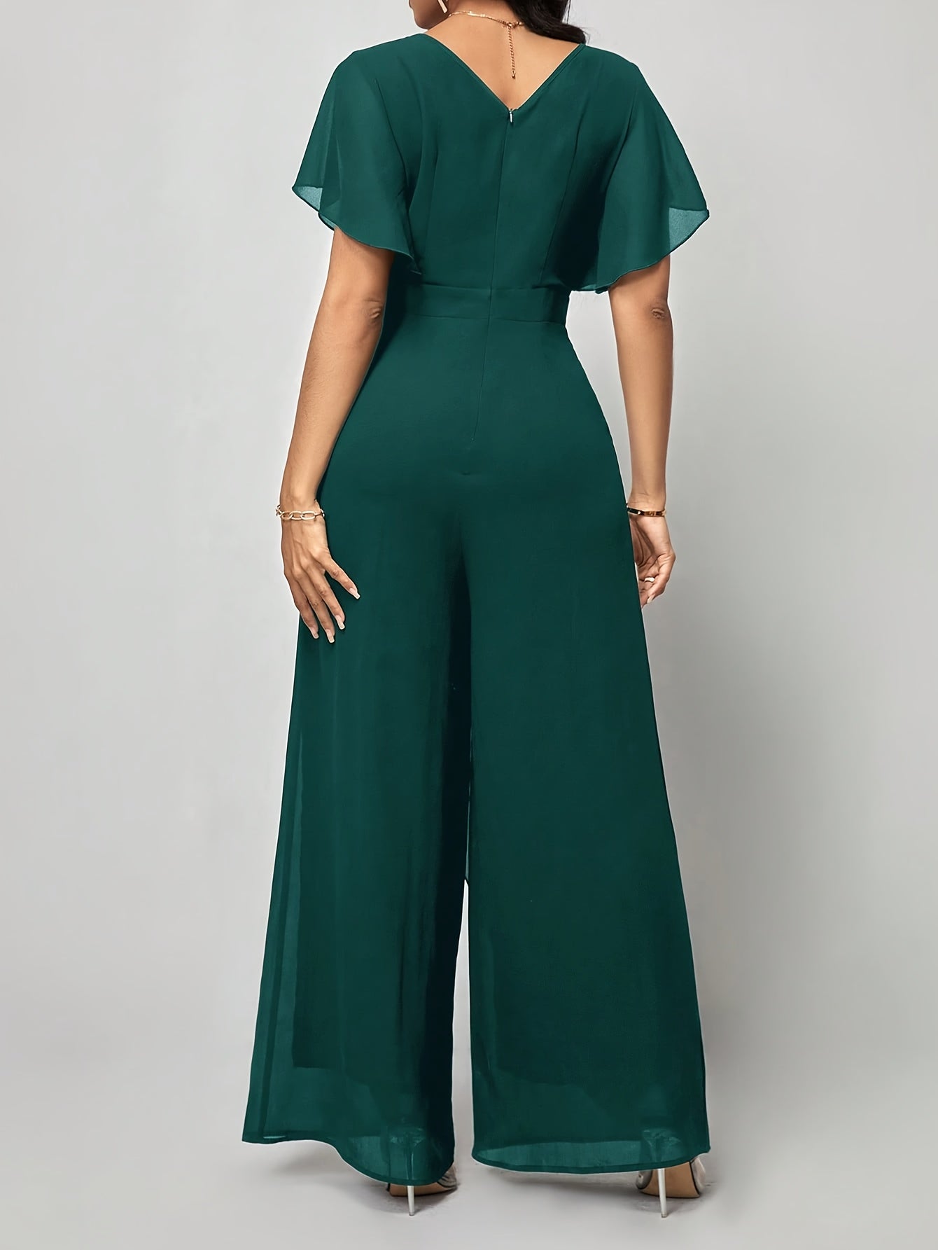 Elegant Green V-Neck Jumpsuit for Women - Solid Color, Wide Leg with Ruffle Sleeves & Tie Waist, Lightweight Polyester, Machine Washable - Perfect for Spring & Summer