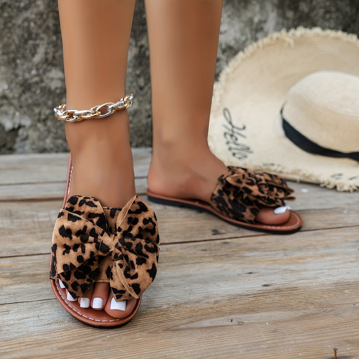 Women's Leopard Print Slide Sandals with Bowknot - Casual Open Toe, Non-Slip Sole, Flat Heel, Faux Cover Strap for Outdoor & Beach Wear