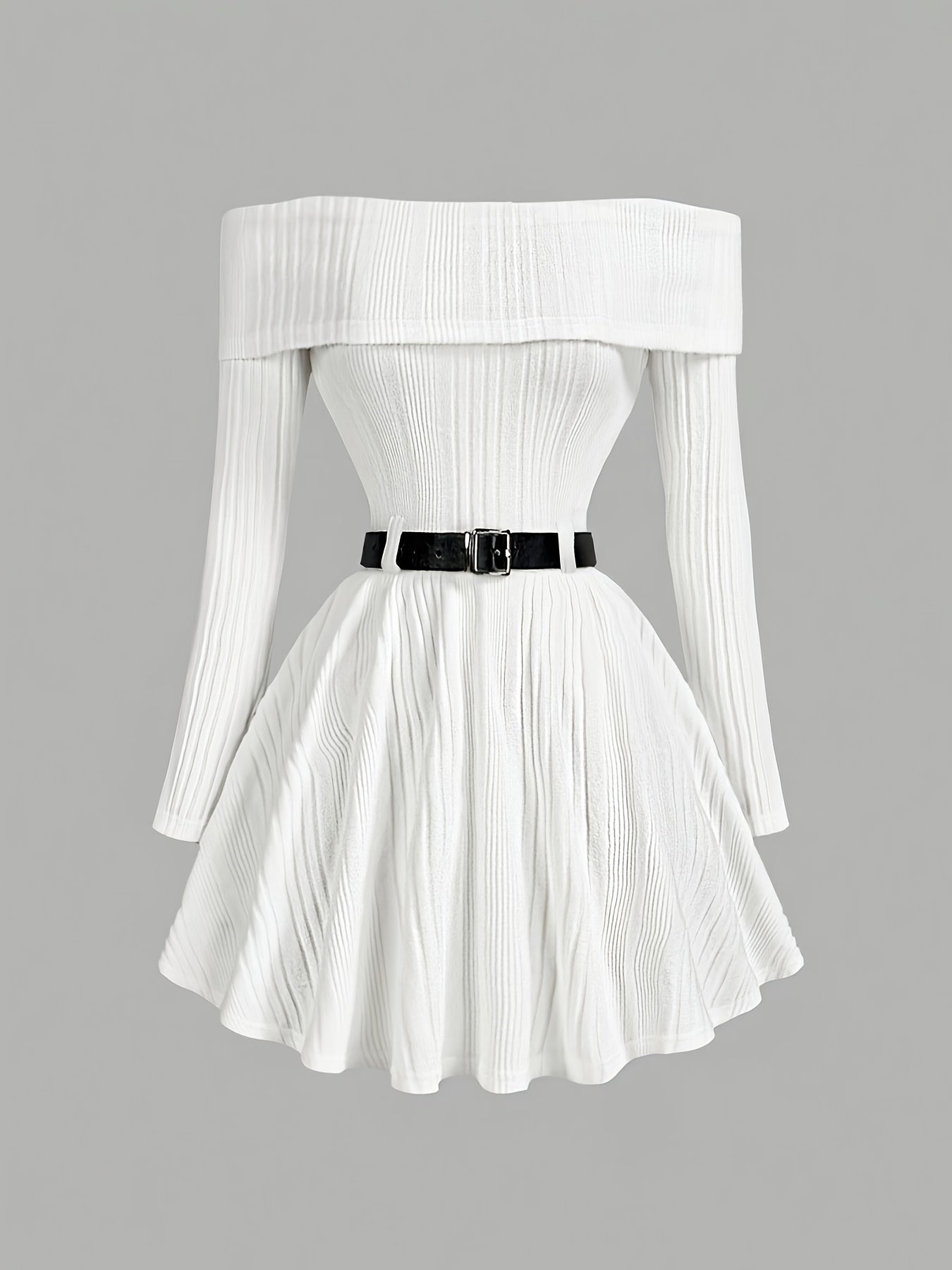 Women'S One-Shoulder Long-Sleeve Dress with a Fitted Waist in Solid Color, Without a Belt.