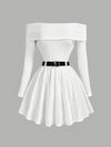 Women'S One-Shoulder Long-Sleeve Dress with a Fitted Waist in Solid Color, Without a Belt.