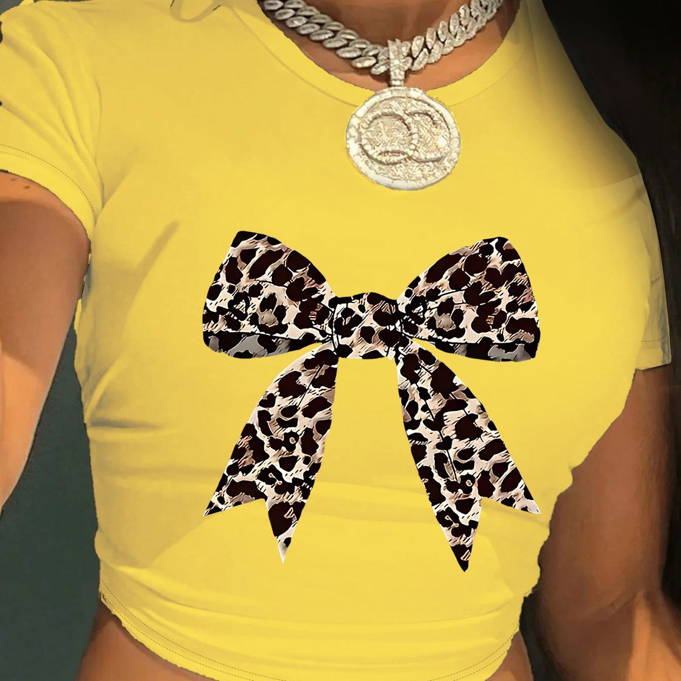 Women's Y2K Leopard Bow Print Cropped T-Shirt - Light Blue Soft Fabric, Machine Washable, Versatile Casual & Evening Wear, Style Statement Top | Elegant Design | Comfortable Fit, Leopard Print Shirt