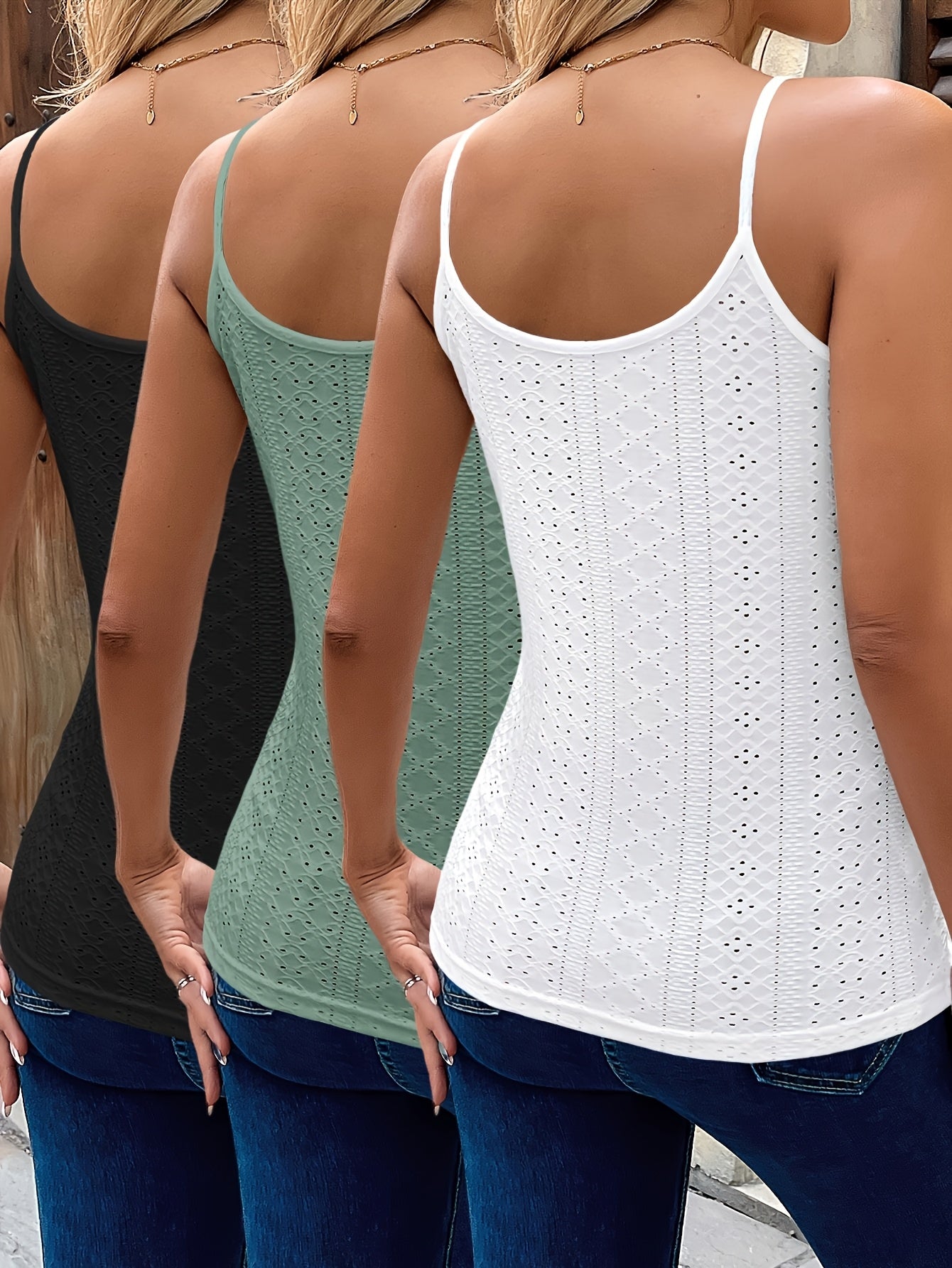 3pcs Knit Textured Lace Appliqué Casual Vacation Women's Camisole Set 379T-2
