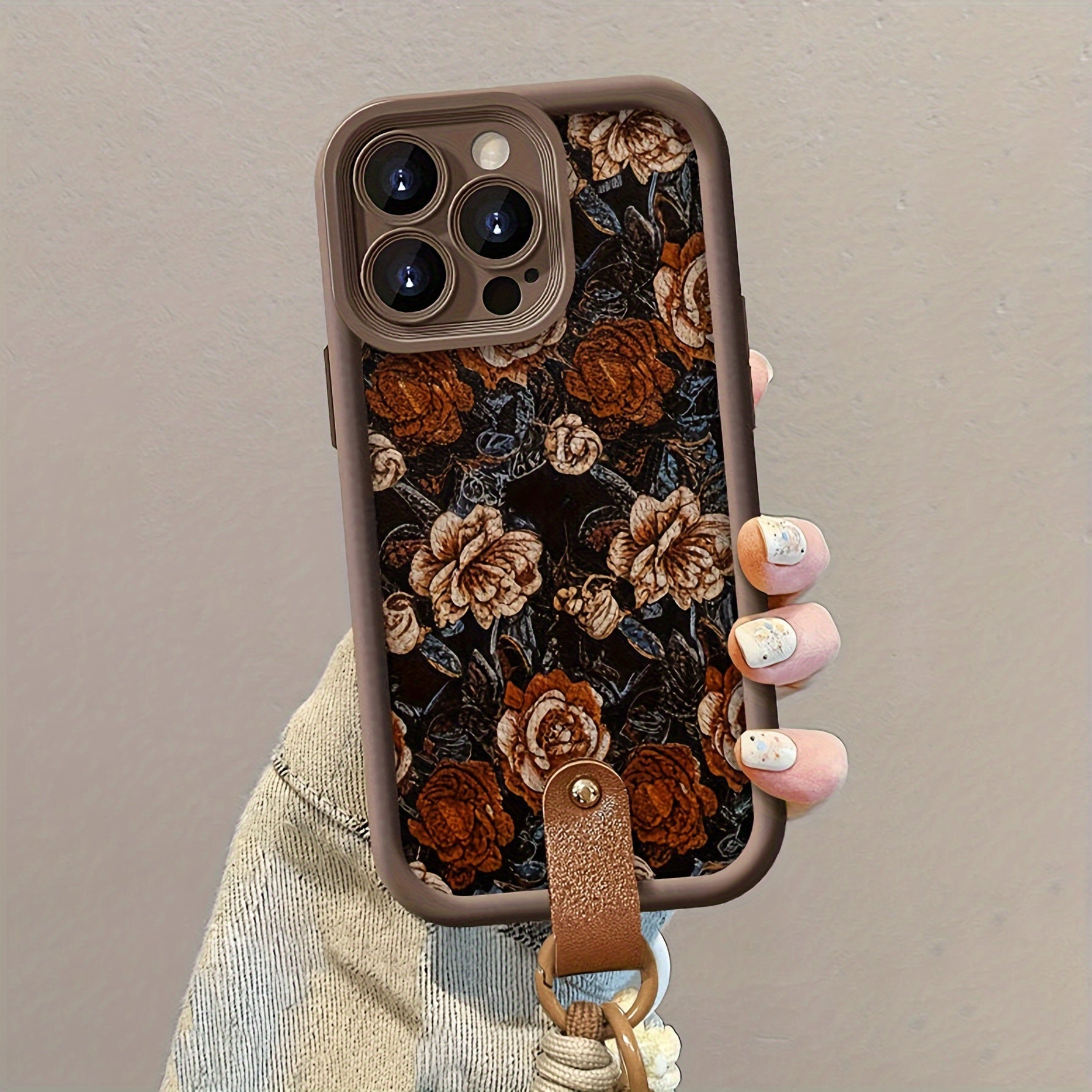 Vintage Flower with Hand Strap Brown Shockproof Frosted Full Cover Anti-Fall Mobile Phone Case Suitable for Apple 16PROMAX/16PLUS/16PRO/16/15PROMAX/15PLUS/15PRO/15/14PROMAX/14PLUS/14PRO/14/13PROMAX/13PRO/13/12PROMAX/12PRO/12