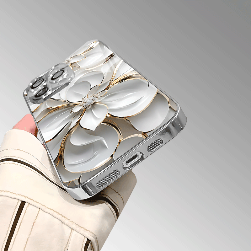 Light Luxury Elegant Ceramic Texture Golden Wire White Flower Pattern Electroplated Glass Mobile Phone Case with Lens Protection for iPhone 16/16Pro/16ProMax/16Plus/15/15Plus/15Pro/15ProMax, 14/14Plus/14Pro/14ProMax, 13/13Pro